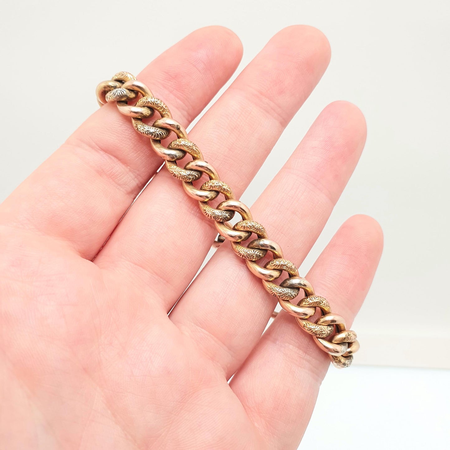 Antique Victorian Rolled Gold Bracelet Curb Link Chased Pattern Rose Gold Filled 20cm 7.85" 13.85g Chunky Jewelry Jewellery Mens Womens