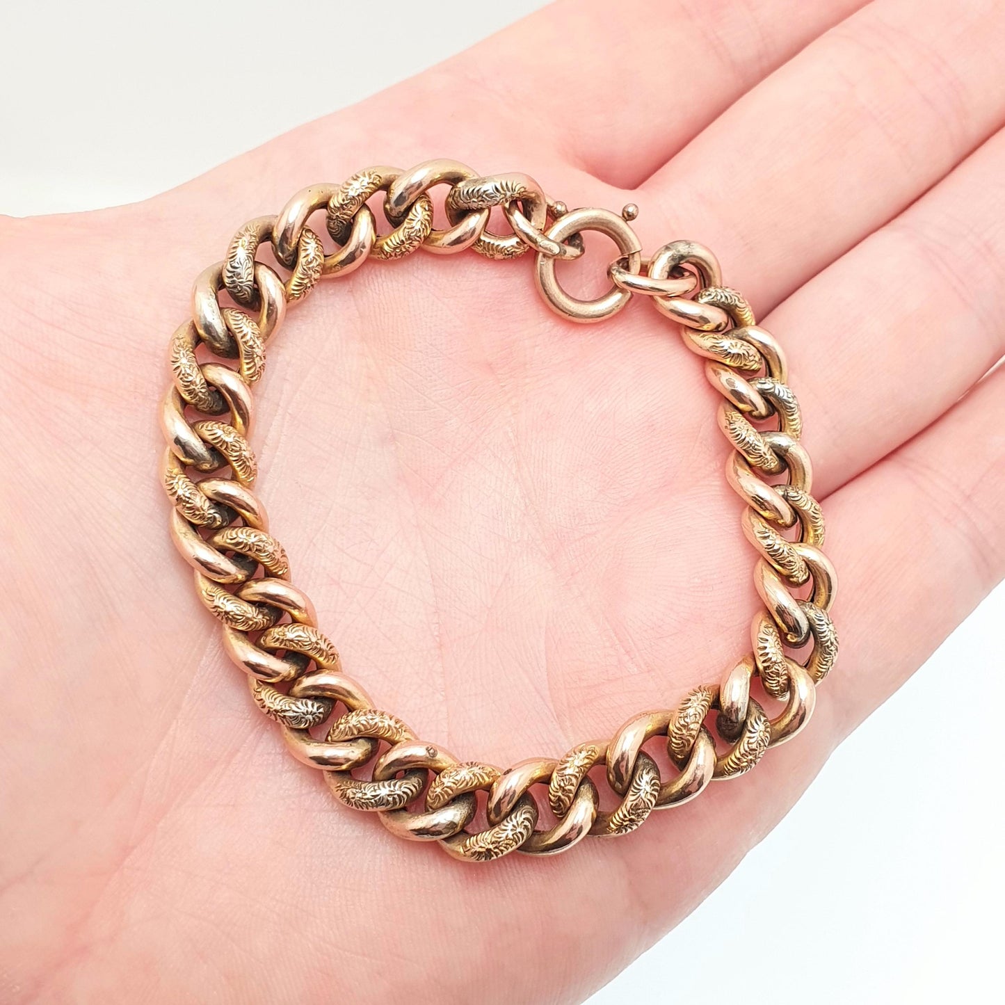 Antique Victorian Rolled Gold Bracelet Curb Link Chased Pattern Rose Gold Filled 20cm 7.85" 13.85g Chunky Jewelry Jewellery Mens Womens