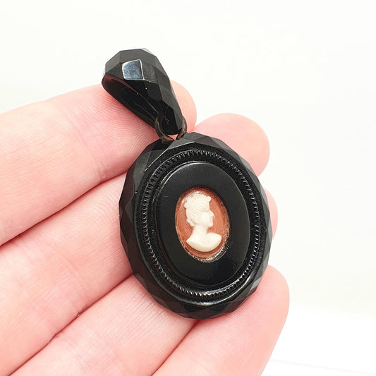 Antique Victorian Whitby Jet Cameo Pendant Necklace Genuine Shell Large Big Hand Carved Mourning Large 1800s Vintage Jewelry Jewellery