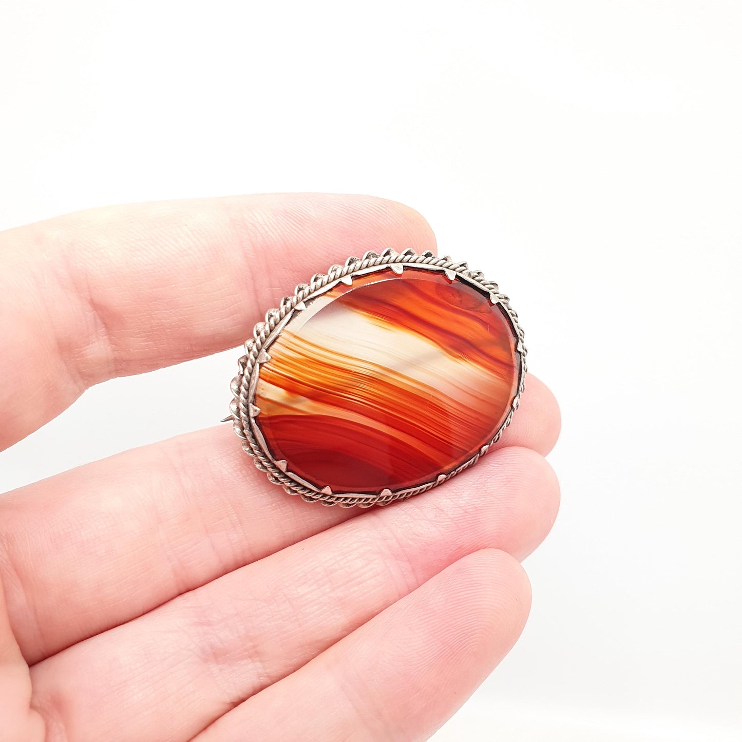 Victorian Antique Agate Brooch Solid Silver Orange Quartz Striped Lace Banded Chalcedony Large Big Oval Rope Jewelry Jewellery Vintage