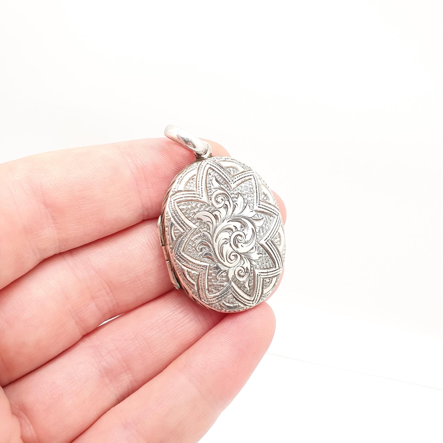 Antique Victorian Solid Silver Locket Star Buckle Hand Engraved Oval Pendant Necklace Sweet Gift Large Big Womens Jewelry Vintage Jewellery