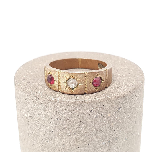 Antique Victorian Garnet Diamond Paste Ring Gypsy Gold Tone Base Metal Star Pattern Genuine 1800s Vintage Rare Gift Jewelry Jewellery