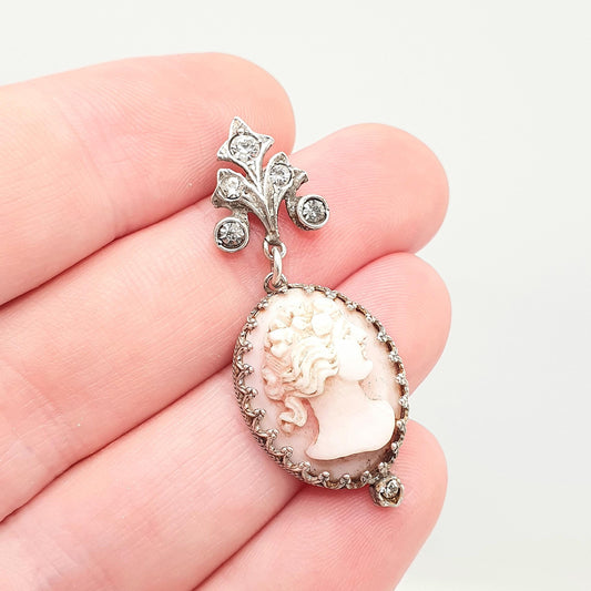 Antique Solid Silver Victorian Cameo Pendant Diamond Paste Necklace Pink Conch Shell High Relief 1800s Genuine Vintage Womens Jewelry