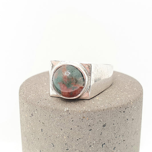 Vintage Moss Agate Solid Silver Ring Signet Brutalist Square Round Cabochon Veined Quartz Gemstone Chunky Large Big Womens Jewelry Jewellery