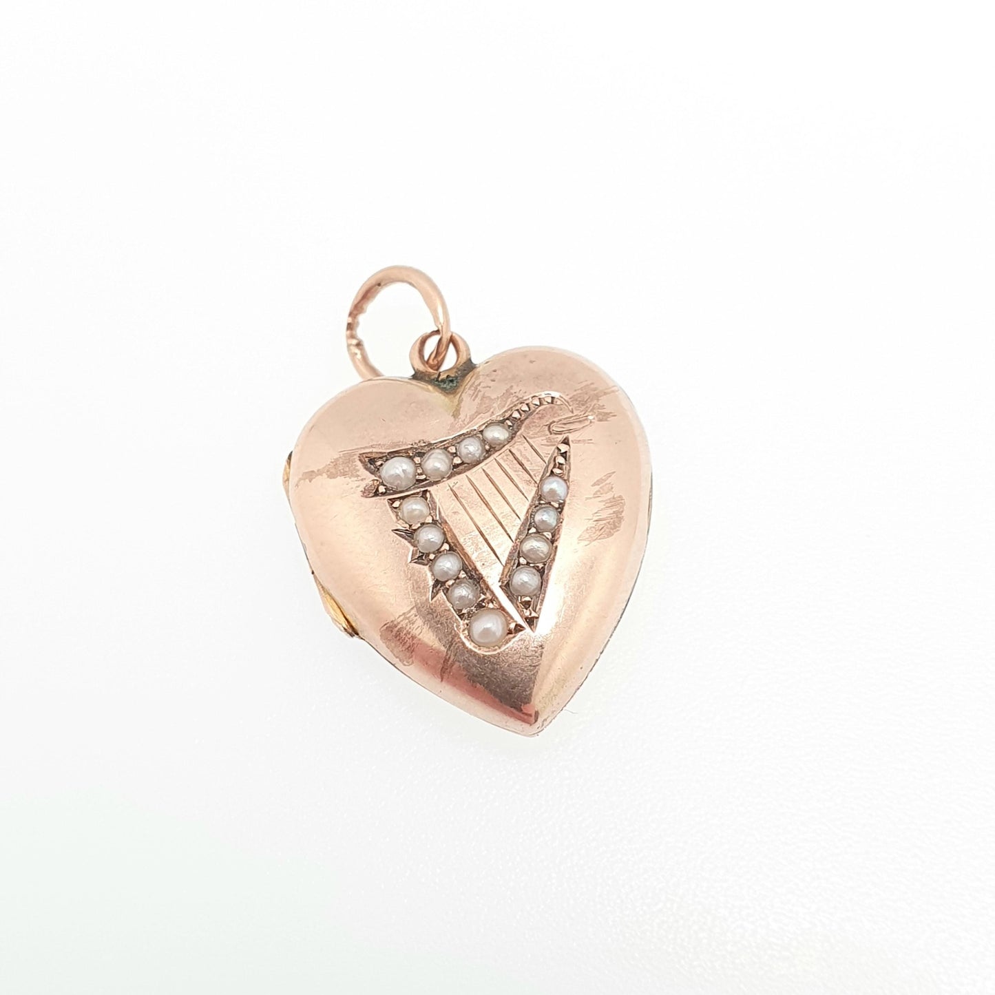 Antique 9ct 9k Rose Gold Heart Locket Harp Seed Pearl Victorian Solid 375 Irish Pendant Back Front Small Photo Vintage Jewelry Jewellery