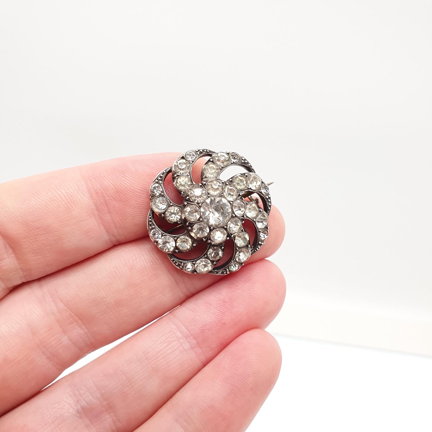 Antique Diamond Paste Sterling Silver Brooch Victorian Spiral Swirl Old Cut Ornate Late 1800s Sparkly Foiled Glass Cute Jewelry Jewellery