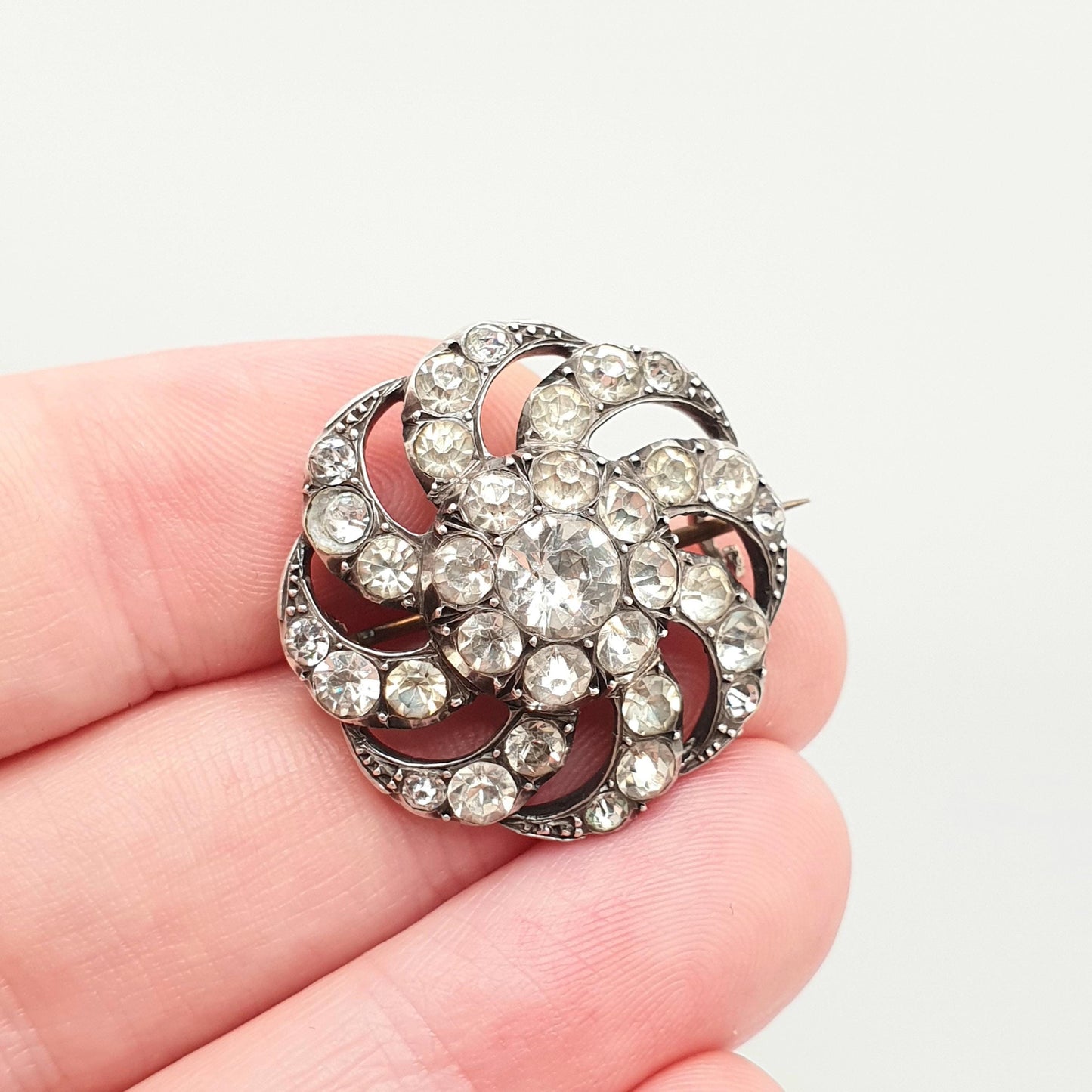 Antique Diamond Paste Sterling Silver Brooch Victorian Spiral Swirl Old Cut Ornate Late 1800s Sparkly Foiled Glass Cute Jewelry Jewellery