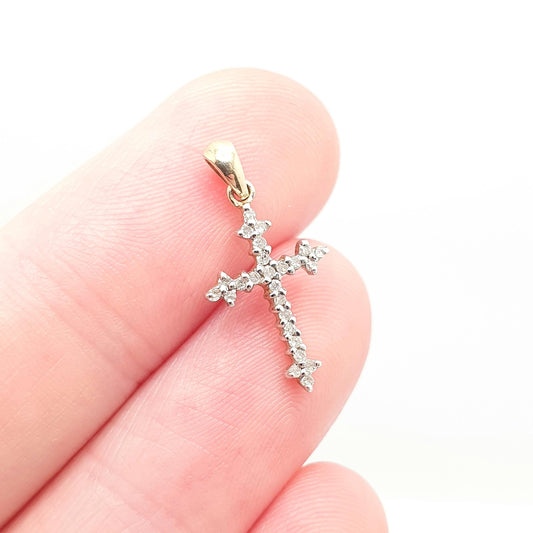 Vintage 9ct Gold Diamond Cross Crucifix Pendant Genuine Real Diamonds Solid 9k 9kt 375 Gemstone Necklace Small Womens Jewellery Jewelry