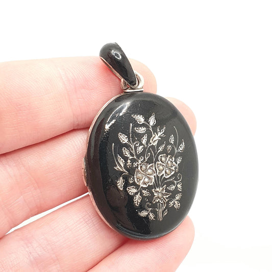 Antique Solid Silver Black Enamel Locket Victorian Seed Pearl Mourning Pendant Necklace Large Big Oval Flower Womens Jewelry Jewellery
