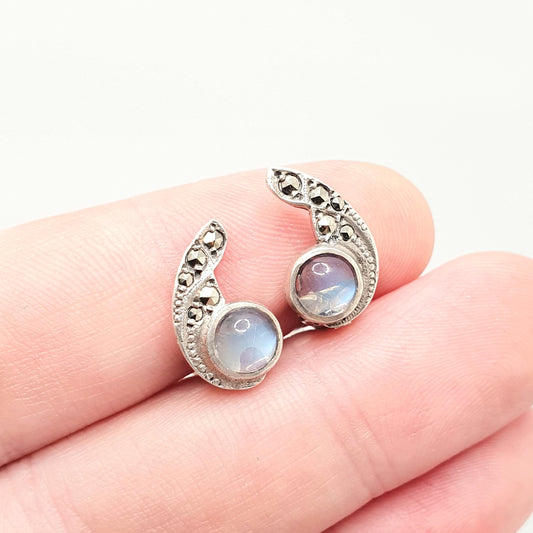 Antique Moonstone Earrings Solid Silver Art Deco Marcasite Wing Clip On Blue Adularescence Vintage 1920s Womens Vintage Jewelry Jewellery