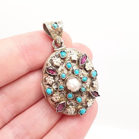 Antique Solid Silver Amethyst Locket Turquoise Austro Hungarian Victorian Mother of Pearl Necklace Big Large Rare Vintage Jewelry Jewellery