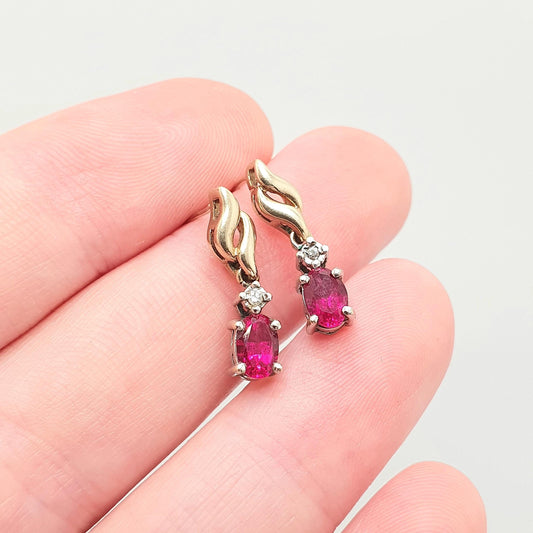 Vintage 9k 9ct Gold Ruby Diamond Earrings Stud Oval Cut Solid 375 Dangle Hanging Retro 9 Carat Yellow Ladies Womens Jewelry Retro Jewellery