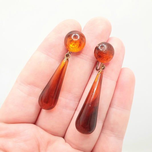 Antique Victorian Faux Amber Torpedo Earrings Teardrop Celluloid Synthetic Gold Gilt Hanging Pendulum Dangle Drop Womens Jewelry Jewellery
