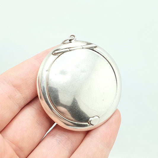 Antique Sterling Silver Powder Compact Locket Pendant Large Big Plain 1918 Hallmarked Round Vintage Solid 925 Womens Jewelry Jewellery