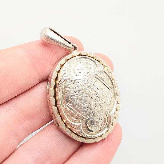Antique Solid Silver Victorian Locket Dome Centre Engraved Large Big Huge Heavy Necklace Gold Vermeil Rare Vintage Jewelry Jewellery