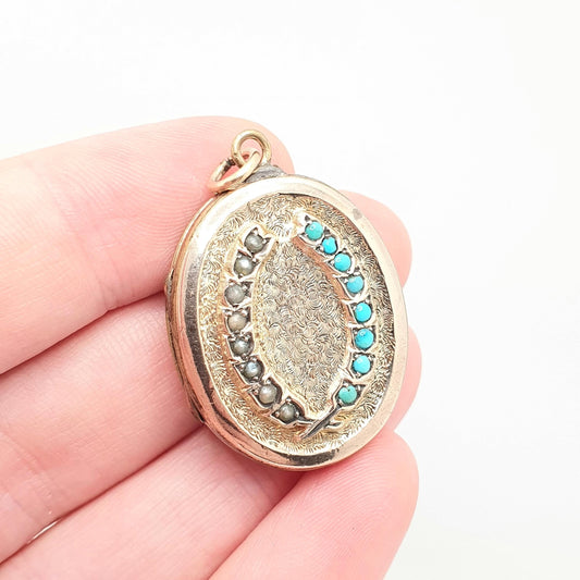 Antique 9ct 9k Gold Victorian Turquoise Locket Seed Pearl Forget Me Not Solid 375 Back Front Oval Photo Womens Vintage Jewelry Jewellery