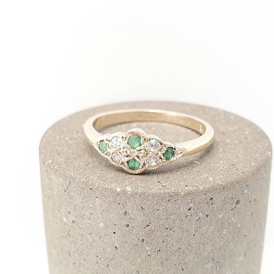 Vintage Real Emerald Gold Sterling Silver Ring Genuine Emearld Gemstone Vermeil Gilt CZ Cluster Retro Modernist Womens Jewelry Jewellery