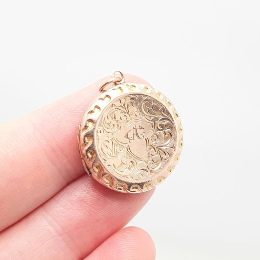 Antique 9ct Rose Gold Locket Solid 9k 375 Round Engraved "CA" Initial Pendant Fine Estate Gift Back Front Necklace Jewelry Womens Jewellery