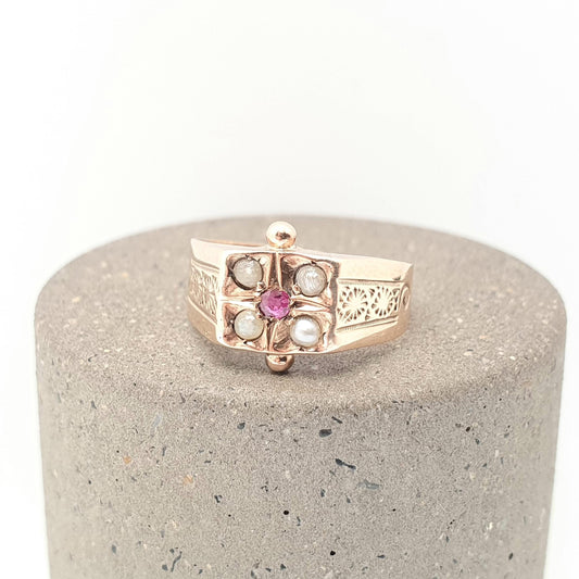 Antique Victorian 9ct Gold Ruby Ring Seed Pearl Square Cross Signet Genuine Real Pinky Pinkie 1800s Solid 375 9k Vintage Jewelry Jewellery