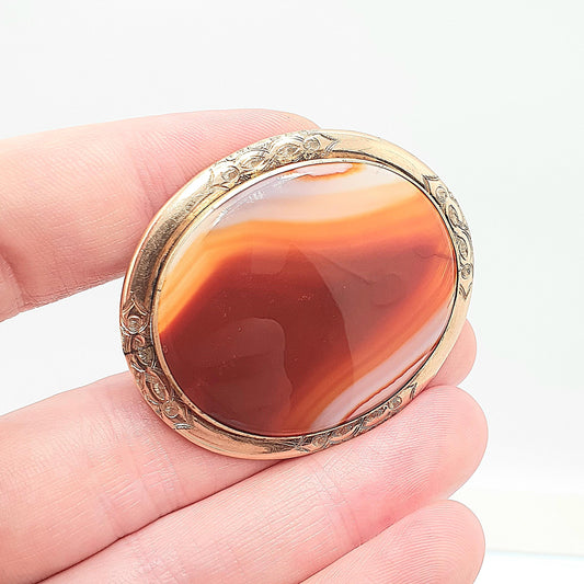 Antique Rolled Gold Agate Brooch Victorian Very Large Big Gold Filled Huge Banded Striped Lace Quartz Engraved Jewelry Jewellery Vintage