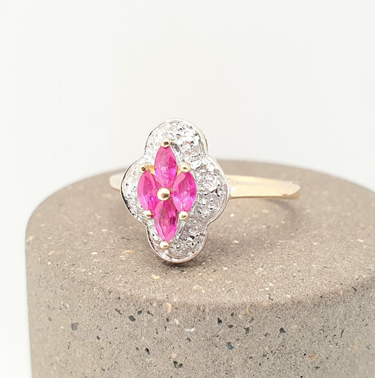 Vintage 9k 9ct Gold Ruby & Diamond Ring Marquise Kite Hallmarked Solid 375 Fine Estate Red Gemstone Real Genuine Womens Jewelry Jewellery