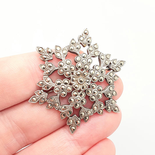 Antique Sterling Silver Snowflake Brooch Marcasite Pin Art Deco Snowy Snow Christmas Sparkly Gemstone 1920s Vintage Jewelry Jewellery