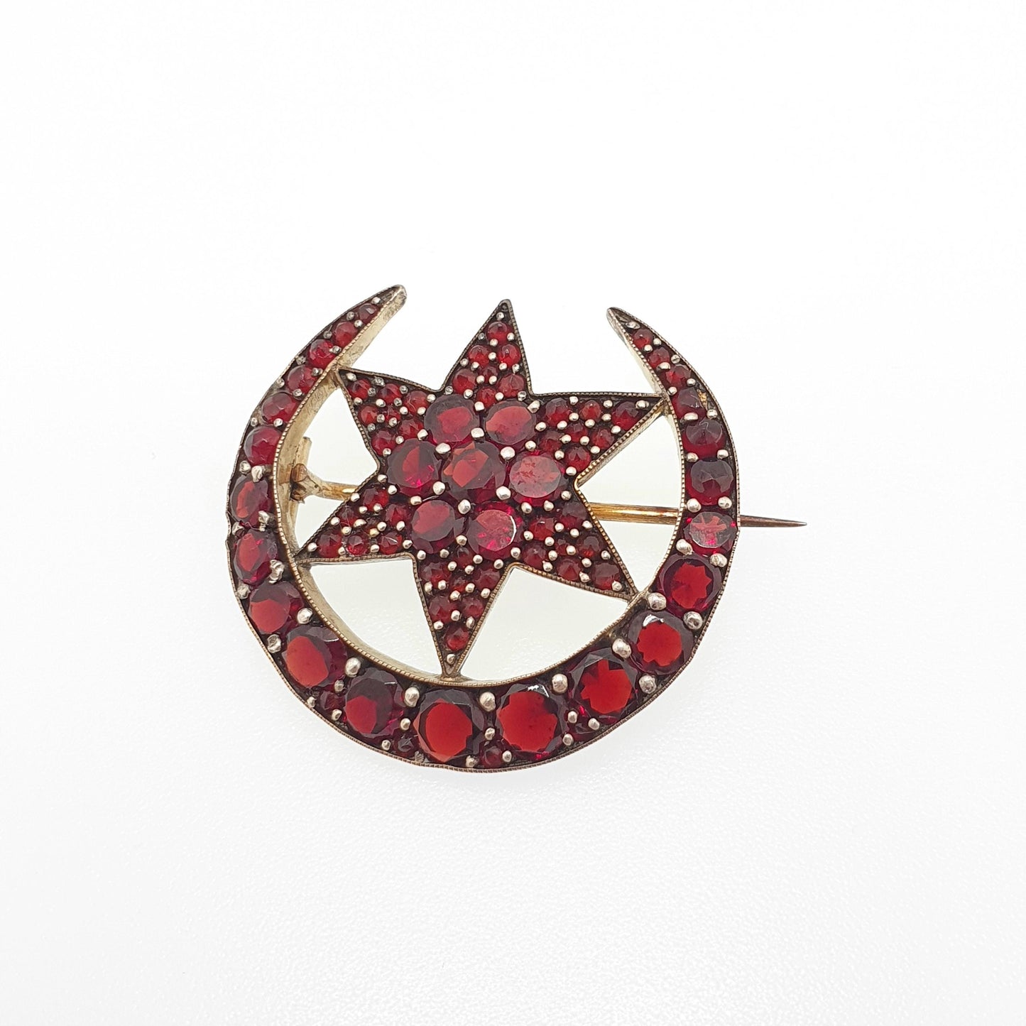 Antique Victorian Bohemian Garnet Star Brooch Crescent Moon Starburst Rolled Gold Renaissance Revival Pyrope Vintage Jewelry Jewellery