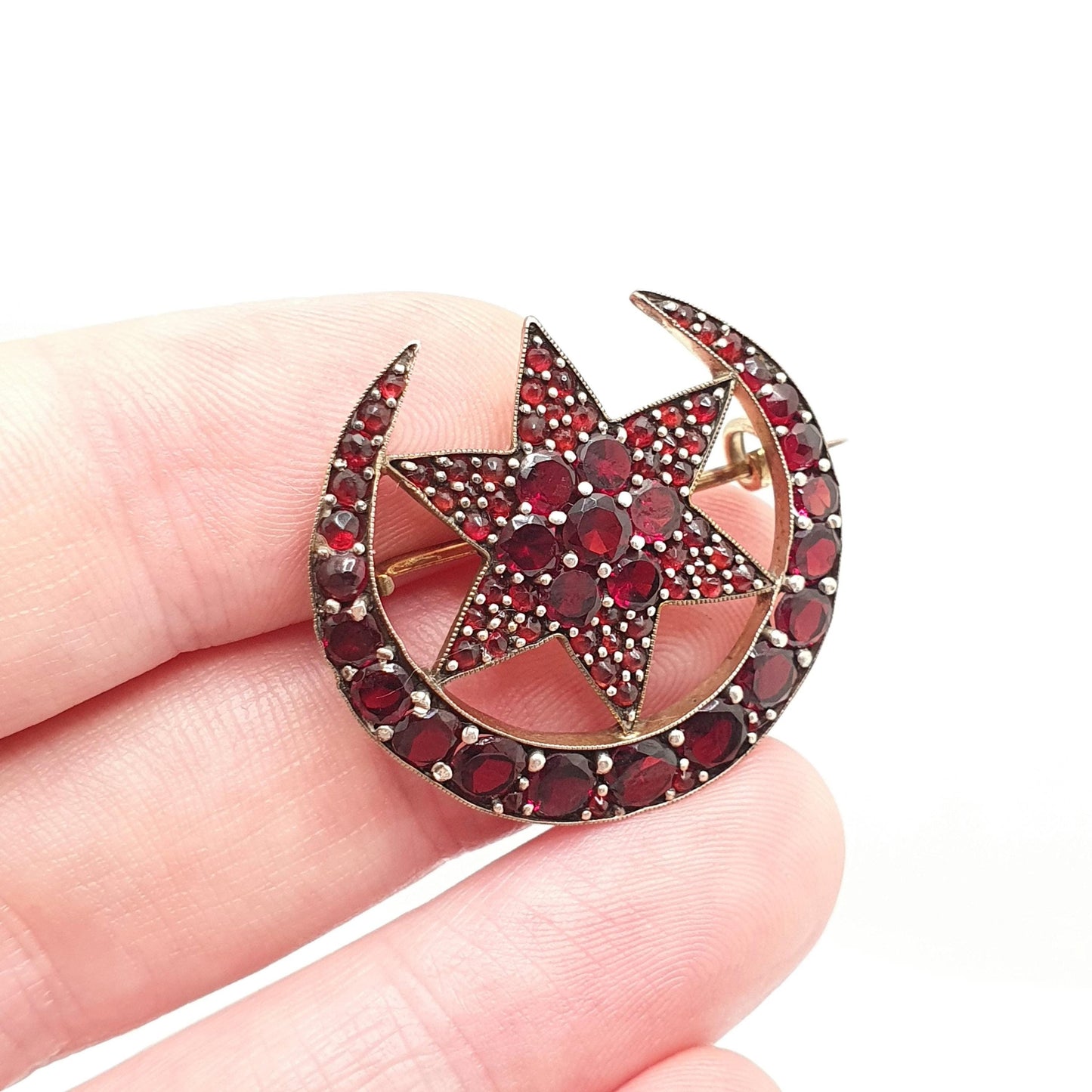 Antique Victorian Bohemian Garnet Star Brooch Crescent Moon Starburst Rolled Gold Renaissance Revival Pyrope Vintage Jewelry Jewellery