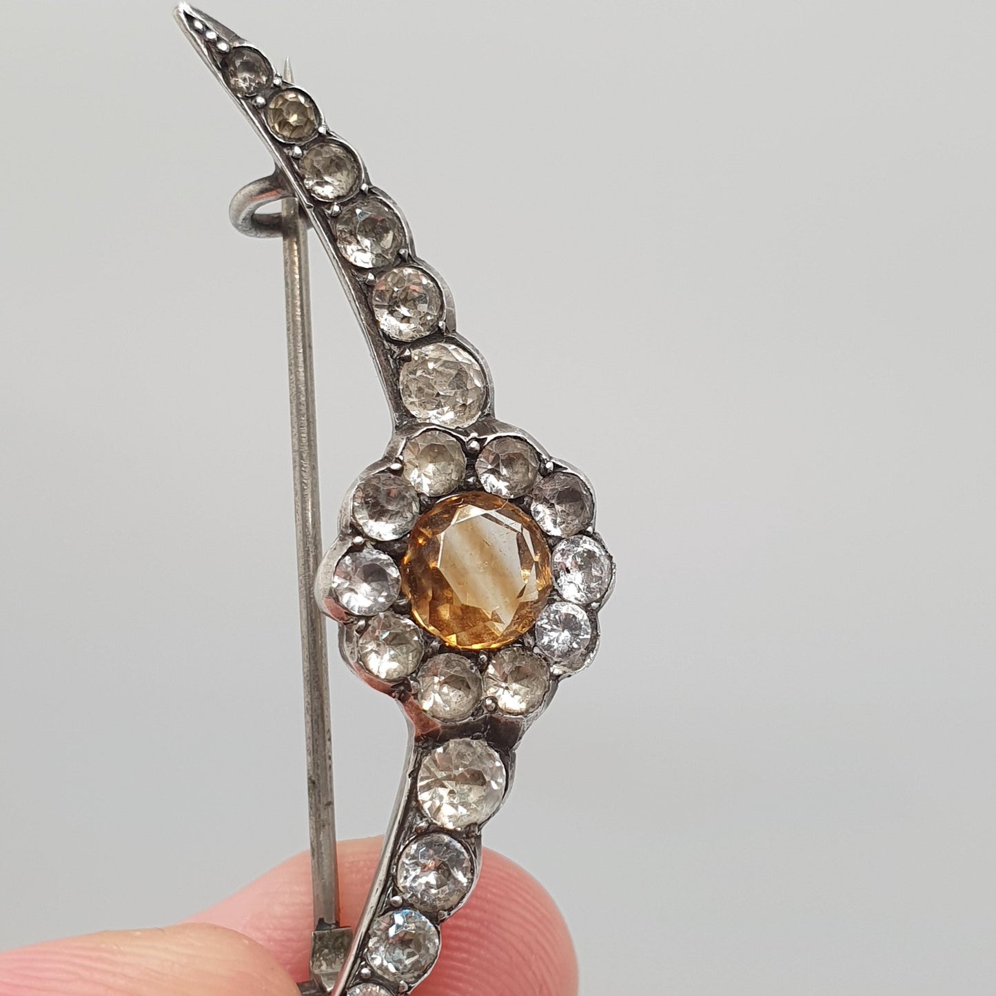 Antique Victorian Solid Silver Citrine Brooch Pin Crescent Moon Diamond Paste Celestial Natural Gemstone Vintage 1800s Jewellery Jewelry