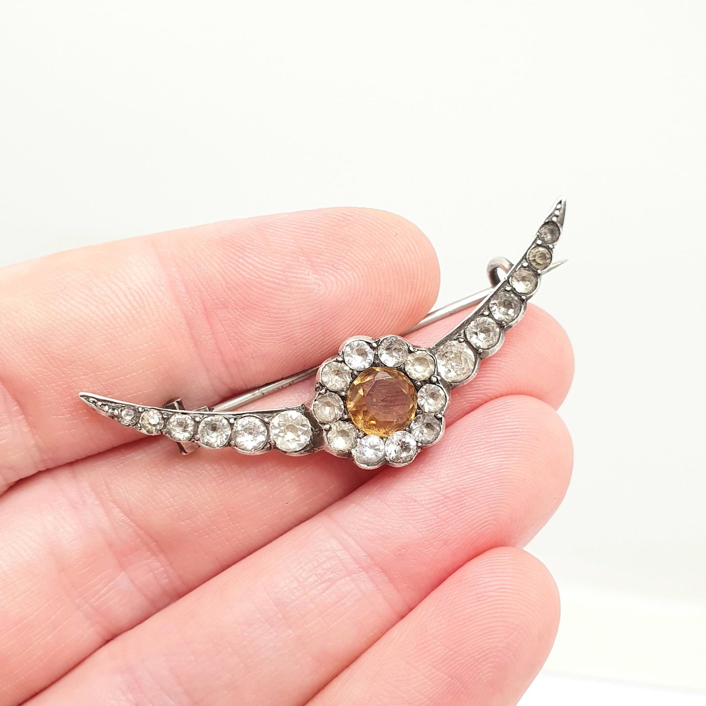 Antique Victorian Solid Silver Citrine Brooch Pin Crescent Moon Diamond Paste Celestial Natural Gemstone Vintage 1800s Jewellery Jewelry