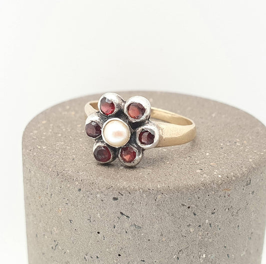 Antique Victorian 14k Gold Garnet & Pearl Ring Solid Silver 14kt 585 Halo Cluster 1800s Vintage Estate Fine Womens Jewelry Jewellery