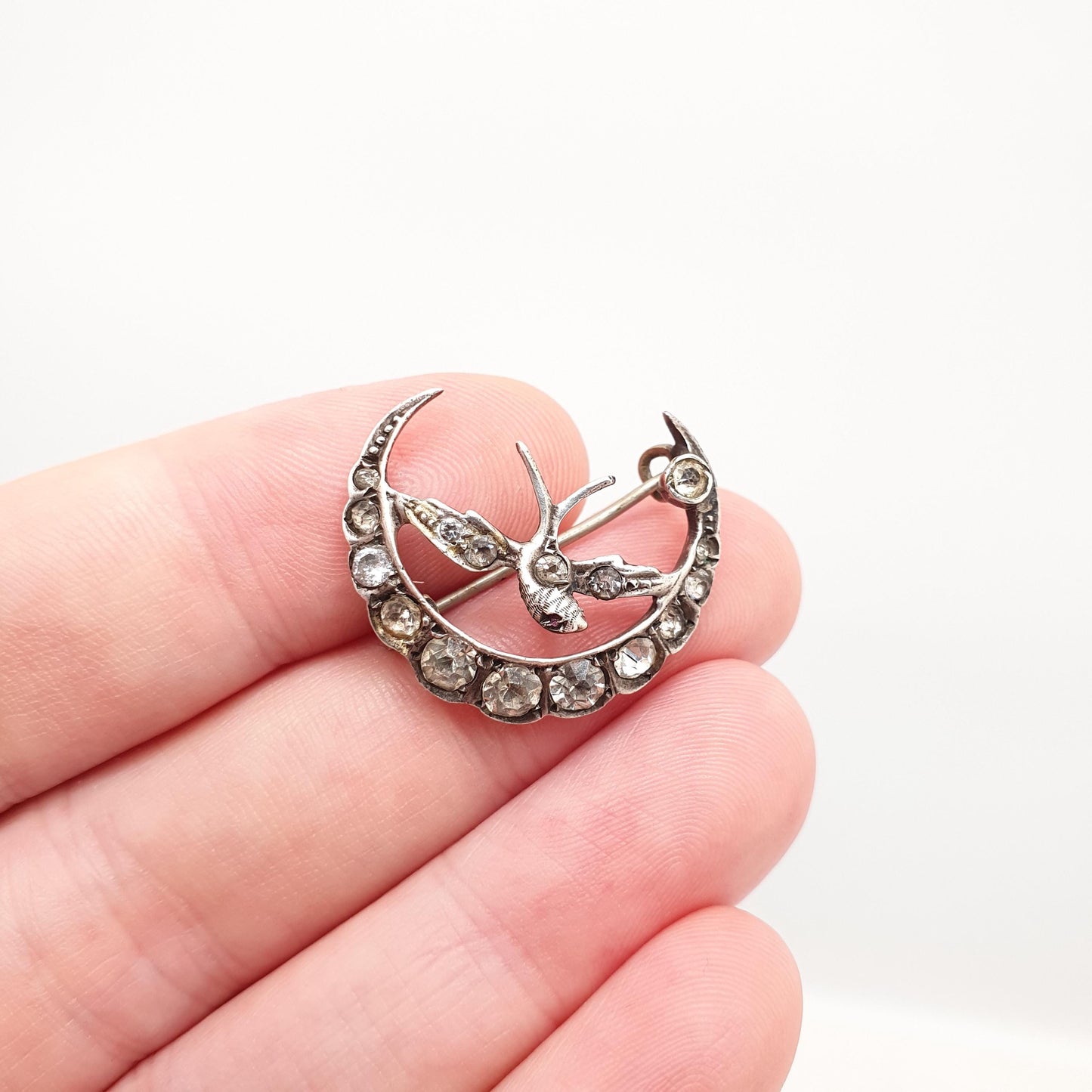 Antique Solid Silver Bird Brooch Pin Diamond Paste Victorian Crescent Moon Cute Sweet Swallow Vintage Songbird Womens Jewelry Jewellery