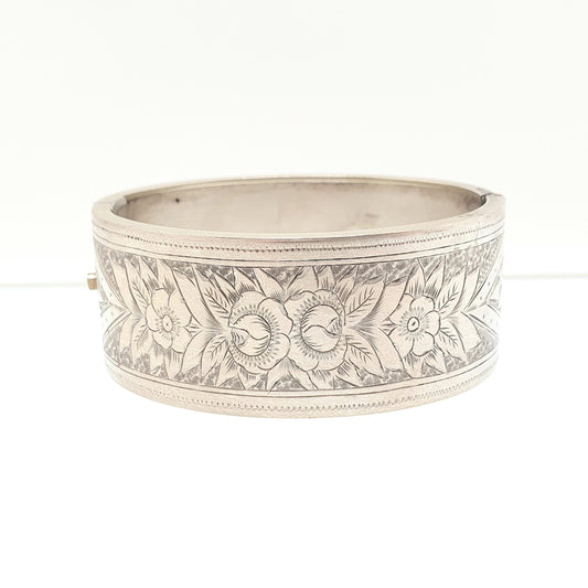 Antique Victorian Bracelet Snap Bangle Flower Hand Engraved Silver Tone 23.93g Thick Wide Chunky Vintage Big Ladies Womens Jewelry Jewellery