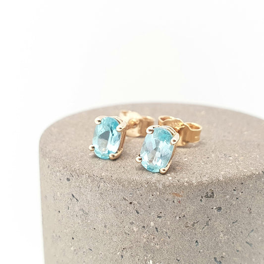 Vintage 9k 9ct Gold Pariaba Tourmaline Earrings Stud Oval Cut Solid 375 9kt Cyan Blue Genuine Gemstone 9 Carat Womens Jewelry Jewellery