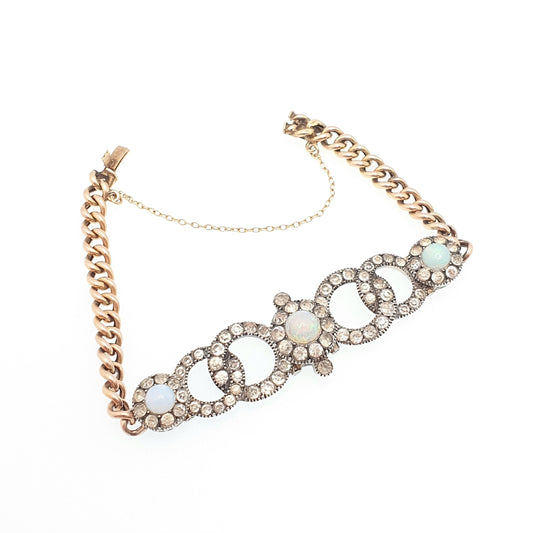 Antique Victorian 9ct Gold Opal Bracelet Diamond Paste Solid Silver Setting Solid 9k 375 Curb Link 1800s Vintage Jewelry Jewellery Womens