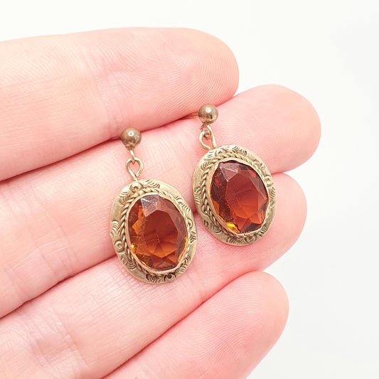 Antique Victorian Rolled Gold Citrine Paste Earrings Stud Gold Filled Oval Cut Genuine Genuine 1800s Vintage Womens Jewellery Jewelry