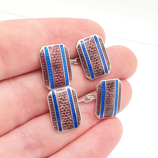 Antique Sterling Silver Enamel Cufflinks Art Deco Cuff Links Rectangular Purple Blue 1920s Solid 925 Gent Mens Old Vintage Jewelry Jewellery