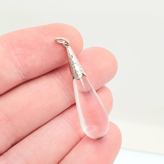 Antique Victorian Rock Crystal Solid Silver Pendant Pools of Light White Quartz Necklace Teardrop Genuine Real Gemstone Jewelry Jewellery