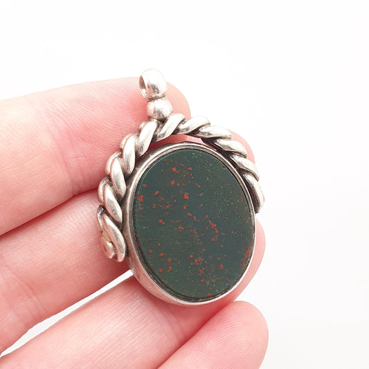 Antique Victorian Sterling Silver Spinner Bloodstone Fob Necklace Pendant 1892 Hallmark Large Gemstone Vintage Mens Womens Jewelry Jewellery