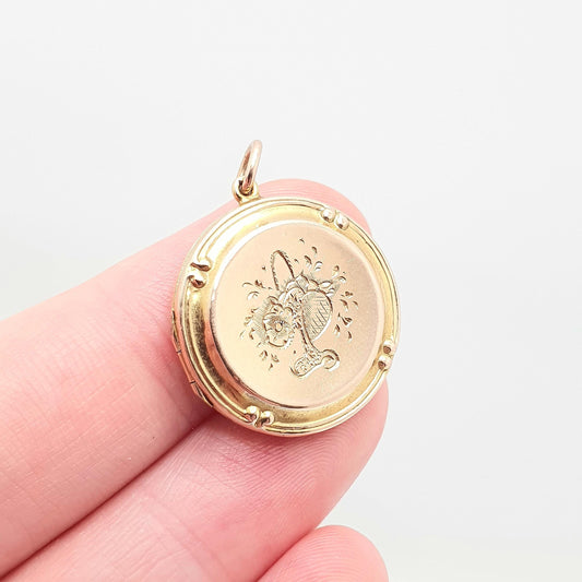 Antique 9ct Gold Locket Butterfly Flower Basket Solid 9k 375 Engraved Cute Pendant Gift Back & Front Necklace Jewelry Womens Jewellery