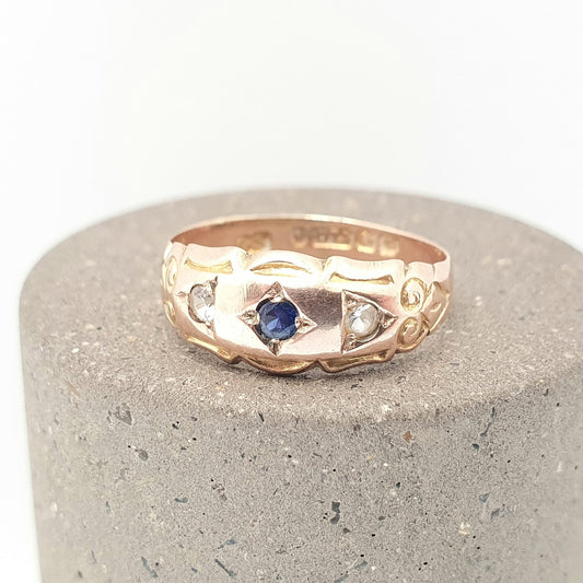 Antique 9ct Gold Sapphire Ring 1918 Hallmark White Spinel Gypsy Solid 375 Trilogy 9k 9kt Blue Gemstone Womens Vintage Jewelry Jewellery