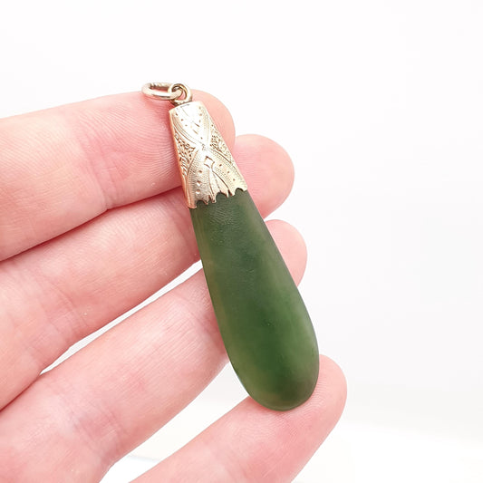 Antique 9ct 9kt Gold New Zealand Jade Necklace Pendant Victorian Nephrite Jadeite Maori Green Gemstone Solid 375 Women Jewelry Jewellery