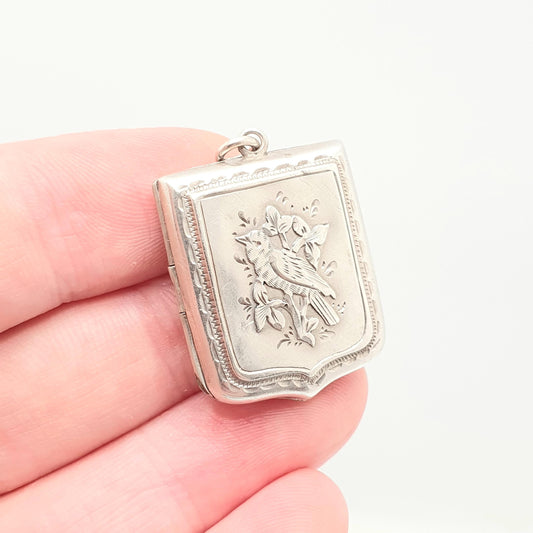 Antique Sterling Silver Shield Bird Locket 1919 Hallmarked Necklace Vintage Pendant Picture Photo Cute Gift Womens Jewelry Jewellery