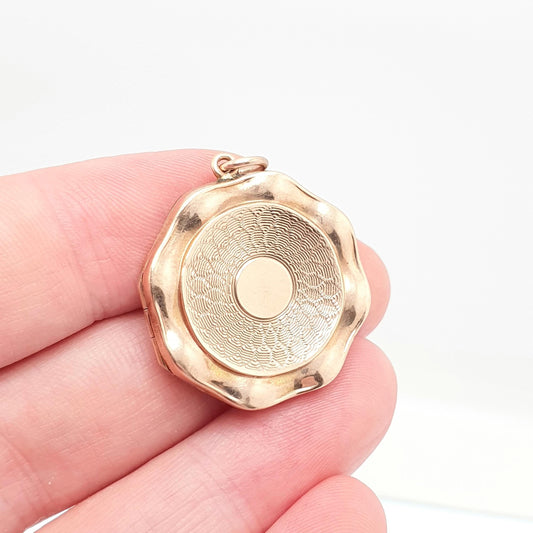 Antique 9ct Rose Gold Locket Oscillating Round Wave Circle Solid 9k 375 Engine Turned Pendant Gift Back & Front Necklace Jewelry Jewellery