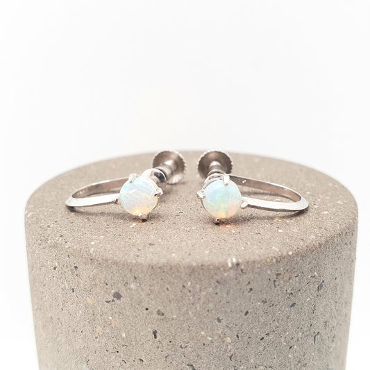 Antique Solid Silver Opal Earrings Art Deco Solitaire Round Cut Screw Back Genuine Gemstone White Small Tiny Cute Vintage Jewelry Jewellery