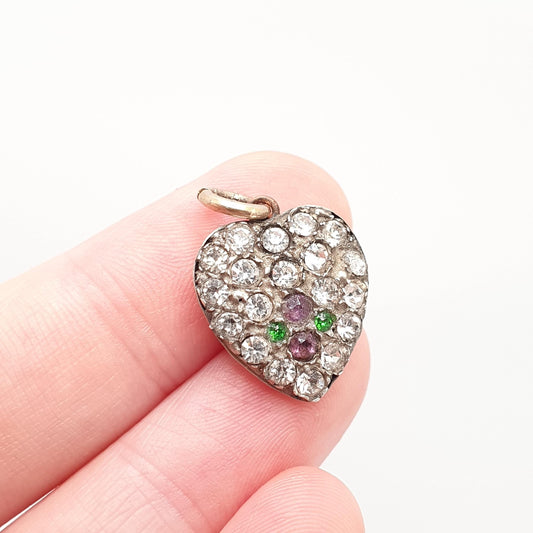 Antique Suffragette 9ct Gold Heart Pendant Necklace Solid Silver Diamond Paste Pave Green Purple White Gift Charm Vintage Jewellery Jewelry