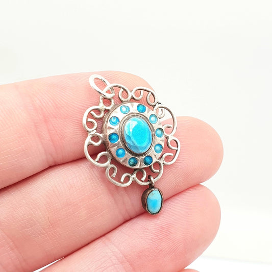 Antique Solid Silver Enamel Pendant Art Nouveau Necklace Sky Blue Champleve Arts and Crafts Flower Shape Hanging Vintage Jewellery Jewelry