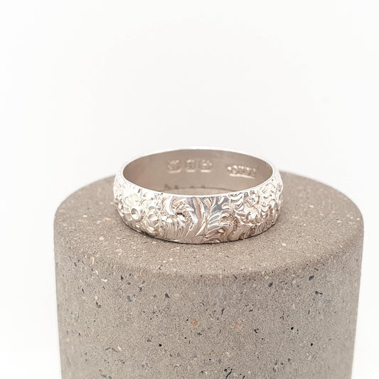 Antique Victorian Sterling Silver Band Ring 1892 Hallmarked Flower Chased Vintage 1800s Stacker Stacking Solid 925 Womens Jewelry Jewellery