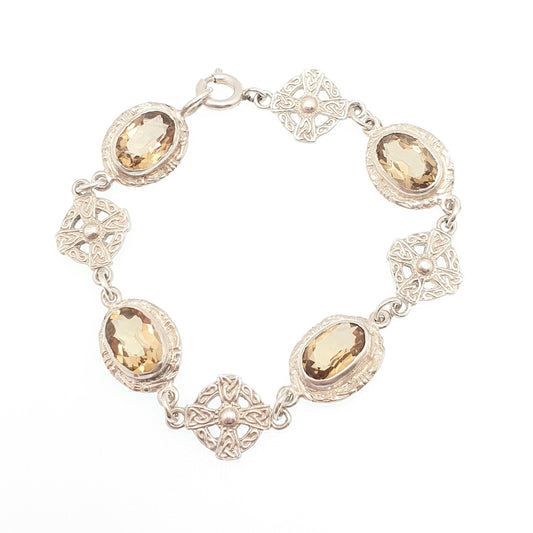 Antique Citrine Sterling Silver Bracelet Scottish Celtic Cross Genuine Gemstone Gaelic Scotland Ladies Vintage Womens Jewelry Jewellery