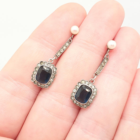 Antique Solid Silver Sapphire & Diamond Paste Earrings Art Deco Cultured Pearl Pendulum Chandelier Hanging 1920s Vintage Jewelry Jewellery